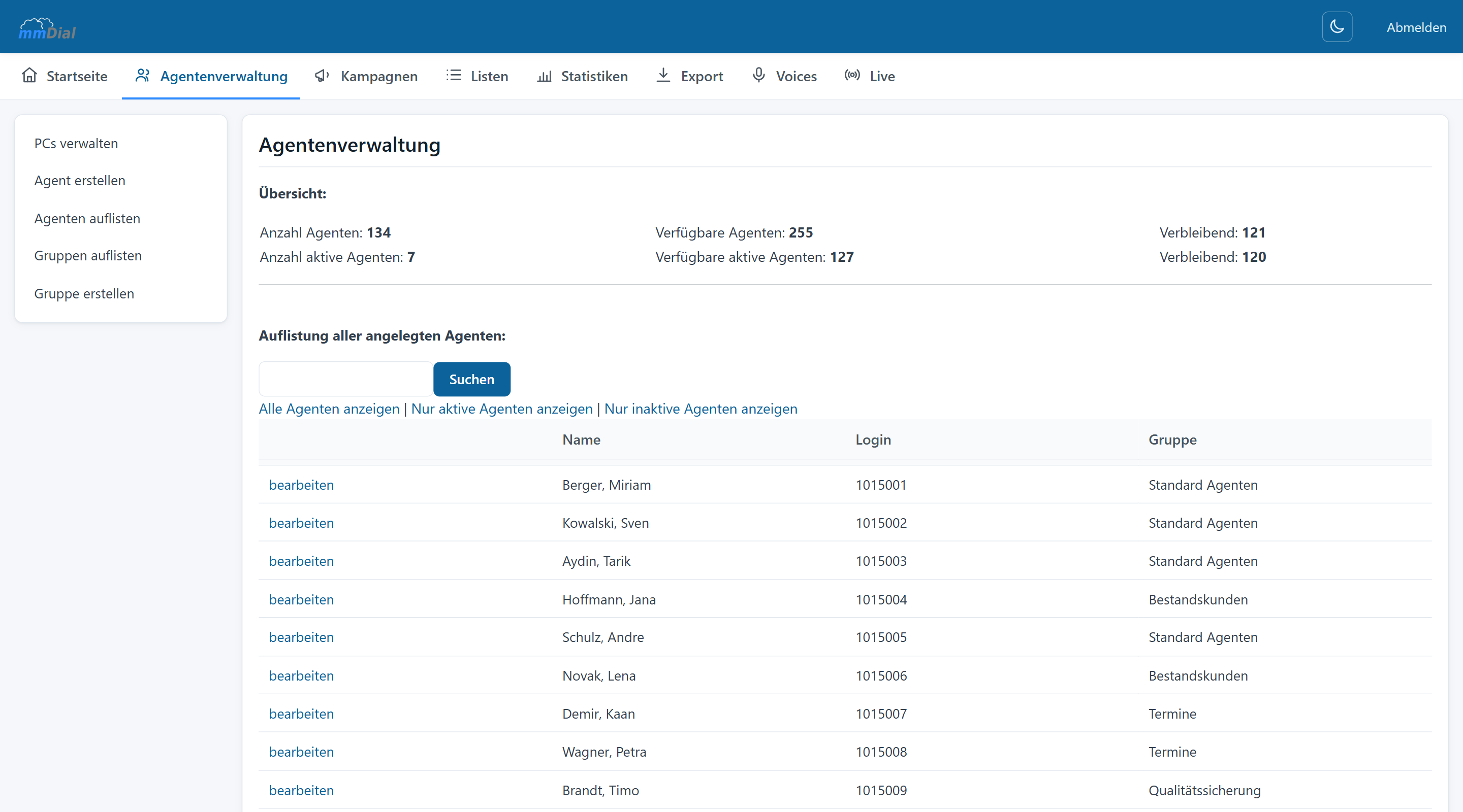 Agent administration in mmDial with an overview of the agent count and a list of the agents with name, login and group.