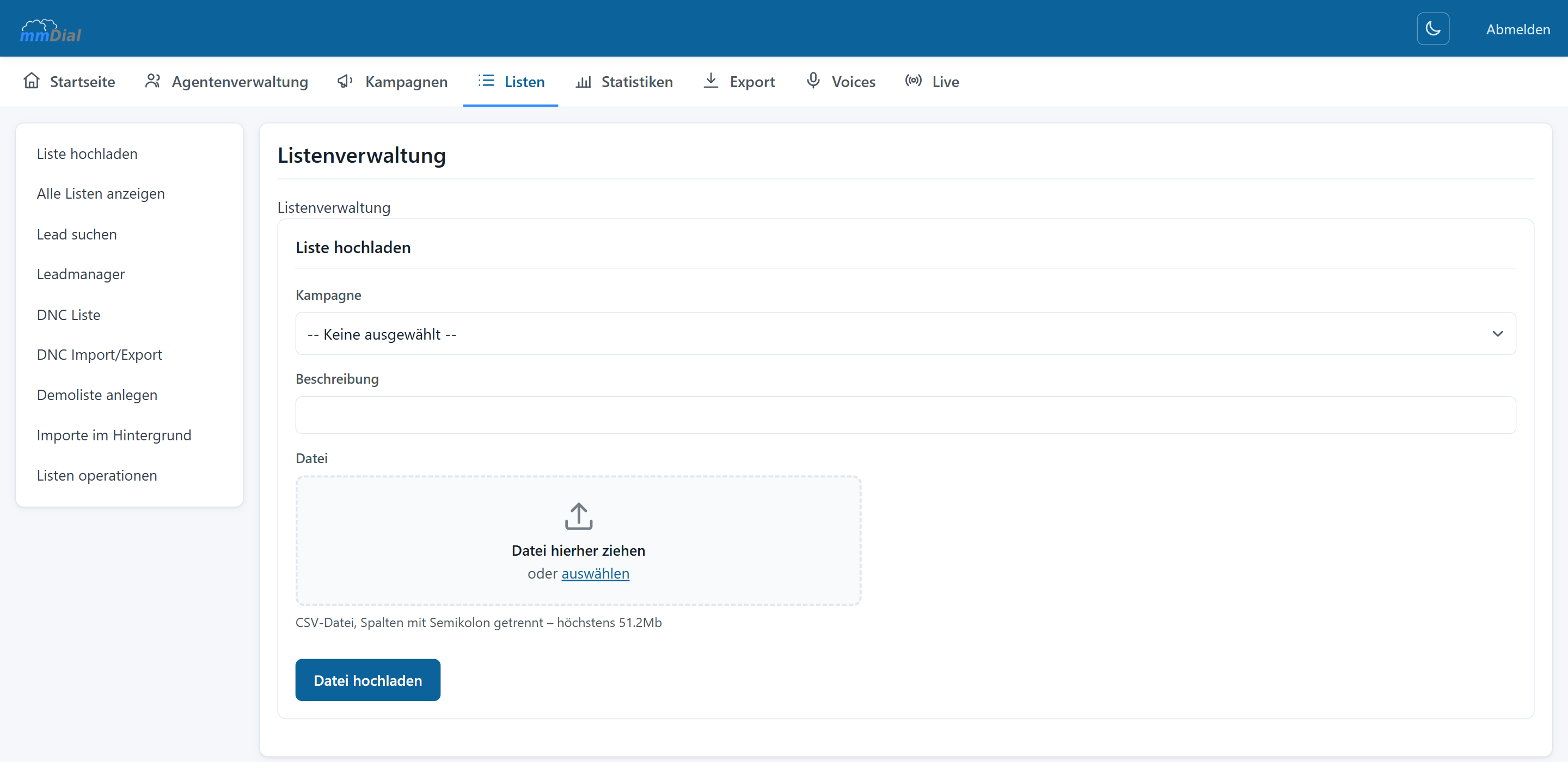 Importación de listas en mmDial: campo de selección de campaña, campo para la descripción y una zona donde se suelta el archivo CSV arrastrándolo.
